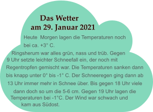Das Wetter am 29. Januar 2021 Heute  Morgen lagen die Temperaturen noch bei ca. +3° C. Ringsherum war alles grün, nass und trüb. Gegen  9 Uhr setzte leichter Schneefall ein, der noch mit   Regentropfen gemischt war. Die Temperaturen sanken dann bis knapp unter 0° bis -1° C. Der Schneeregen ging dann ab 13 Uhr immer mehr in Schnee über. Bis gegen 18 Uhr viele  dann doch so um die 5-6 cm. Gegen 19 Uhr lagen die   Temperaturen bei -1°C. Der Wind war schwach und    kam aus Südost.