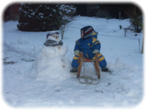 Auch im Januar 2009 gab es Schnee um einen Schneeman zu bauen. Auf dem Schlitten Felix.