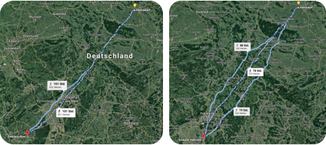 Wenn die Kolonisten heute mit GPS unterwegs gewesen wären, hätten sie möglicherweise je eine dieser Routen genommen. (Kartenausschnitt mit Google Maps erstellt.