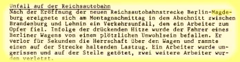Mitteilung über den ersten Unfall auf der heutigen A2 zwischen Magdeburg und Berlin.