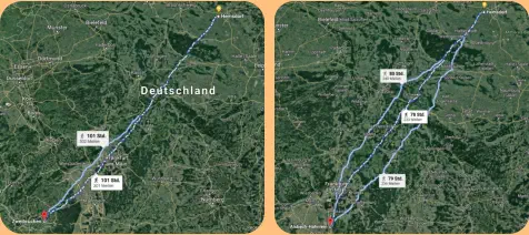 Wenn die Kolonisten heute mit GPS unterwegs gewesen wären, hätten sie möglicherweise je eine dieser Routen genommen. (Kartenausschnitt mit Google Maps erstellt.