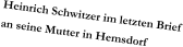 Heinrich Schwitzer im letzten Brief an seine Mutter in Hemsdorf