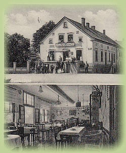 Postkartenansicht um 1940:„Hansen‘s Gaststätten“ um 1940, mit Saal. 