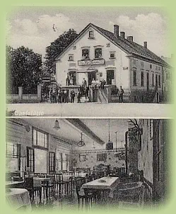 Postkartenansicht um 1940:„Hansen‘s Gaststätten“ um 1940, mit Saal. 