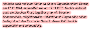 Ich habe auch mal zum Wetter an diesem Tag recherchiert. Es war, am 17.11.1944, mutmaßlich wie am 17.11.2018. Nachts vielleicht auch ein bisschen Frost, tagsüber grau, ein bisschen Sonnenschein, möglicherweise vielleicht auch Regen oder, schon bedingt durch den Frost oder Nebel in dieser Zeit ziemlich ungemütlich und schmuddelig.