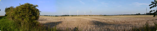 Panoramaaufnahme unweit der ehemaligen Eisenbahnbrücke bei Hemsdorf vom Ochtmerslebener Feldwegaus. Von Süd, rechter Bildrand, bis Nord, linker Bildrand. 